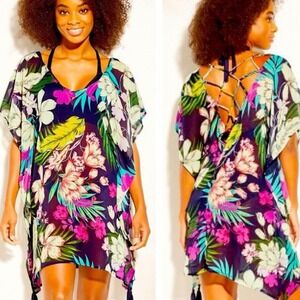 KONA SOL Swimsuit Bathing Suit Sheer Cover Up‎ Tropical Floral Tassels Sz Small